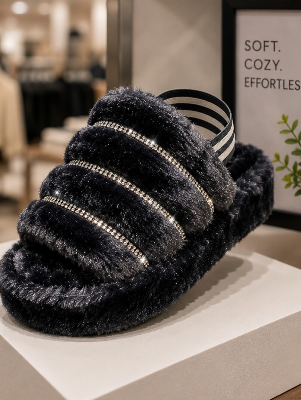 Faux Fur Slide Sandal with Rhinestone Straps - Black